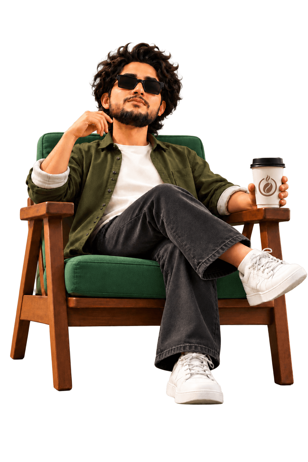 Aman Xavier, illustrated, sitting in an armchair